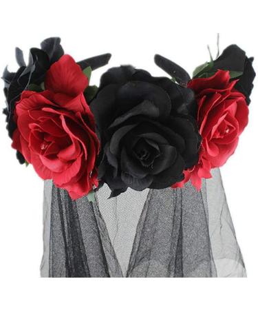 Lurrose Rose Floral Crown Veil Halloween Costume Mexican Headband Day of the Dead Headpiece for Festival Carnival Party Red and Black Gr ße 1 - Buy Online on GoSupps.com