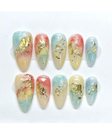 Handmade Press On Nails Short MouyouGlow Almond Colourful Foils Gold Resuable Fake Nails with Self-Adhesive Colourful Handmade Artificial Fingernails 10 Pieces (#10-M)