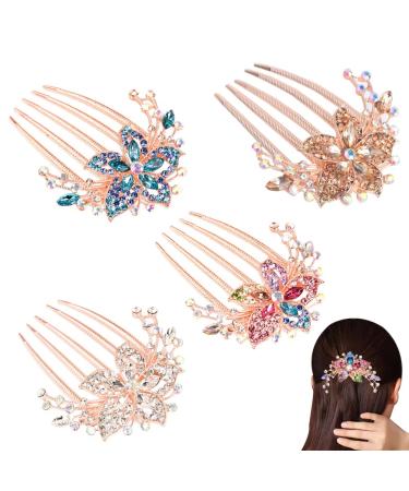 KuuGuu 4 PCS Flower Floral Hair Combs Bridal Wedding Hair Crystal Rhinestones Women Hair Side Combs Hair Accessories for Women 4pcs