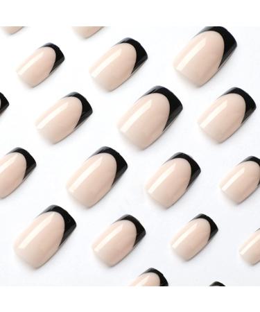 24Pcs Black French Fake Nails - Square Press On Nail Set with Glue | Short False Nail Tips for Women & Girls - Nail Art & Acrylic Stick On Nails - Buy Online on GoSupps.com