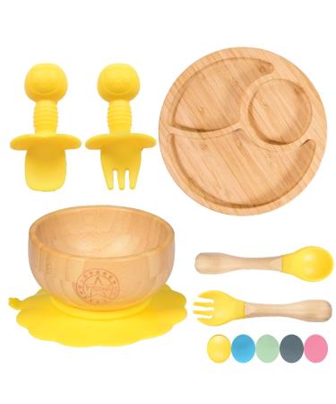 77 Star Bamboo Baby Weaning Set Baby Suction Bowl Suction Plate Baby Spoon & Fork Strong Detachable Suction Base Baby Feeding Set Non-Slip Bamboo Bowl & Baby Plates with Suction (Yellow)