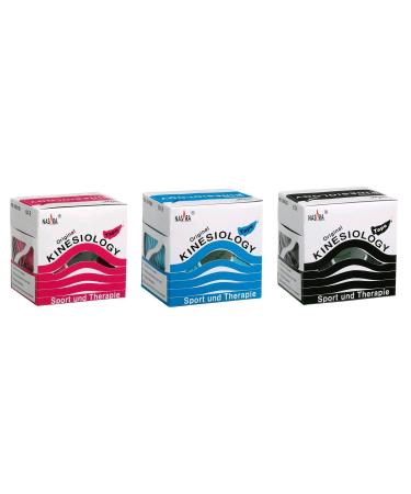 Nasara Original Kinesiological Physio Sport Tape: Sparset with 3 tapes in turquoise pink and black for sports and medicine roll size 5cm x 5m