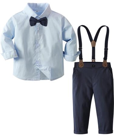 mintgreen Baby Boy Outfits Set 4pcs Infant Gentalman Wedding Suit Long Sleeves Striped Shirts + Trousers + Suspenders + Bowtie 18-24 Months Blue