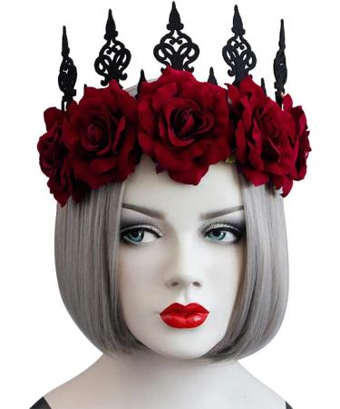 Gothic Floral Crown Headband Bridal Flower Garland Headband Hair Wreath Garland Floral Headpiece with Ribbon Women Girls Flower Tiara Hair Accessories for Wedding Cosplay Halloween Party Photography Wine Red - Buy Online on GoSupps.com