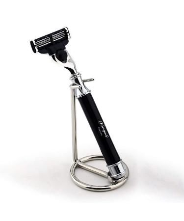 Dreikant razor in black resin & stainless steel shaving stand combi |Excellent for daily use & wet shaving - great gift for every razor