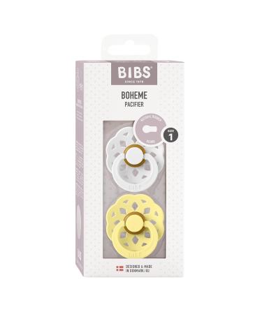 BIBS Boheme Pacifiers 2 Pack | BPA Free, Cherry Shape Nipple, Natural Rubber Latex | Made in Denmark | White/Sunshine | Size 0-6 Months - Buy Online on GoSupps.com