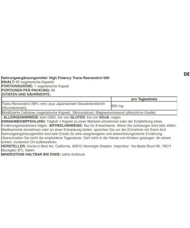 Doctors Best Trans-Resveratrol 600 | Antioxidant Support Supplement - 60 Capsules | Shop Internationally - Buy Online on GoSupps.com