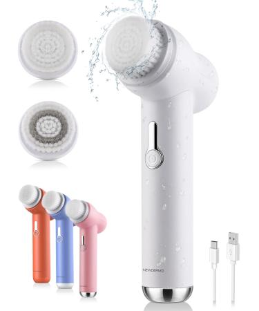 NEWDERMO Skin Revitalizing Facial Cleansing Brush - Face Spin Rotating Scrubber 2 Brush Heads, 3 Modes for Face Gentle Exfoliation and Deep Scrubbing Holiday Day Gifts Set (White)