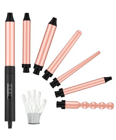 WILLBOND 6 in 1 Curling Iron Set Instant Heat up Curling Wand with 6 Interchangeable Ceramic Barrels and 3 Temperature Adjustments Curler Set Fast Heating Hair Wand Curler with Protective Glove