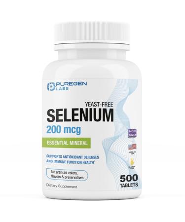 Puregen Labs Selenium 200 mcg Yeast Free Essential Mineral - 500 Vegetarian Tablets | Immune & Antioxidant Support | Non-GMO Gluten Free