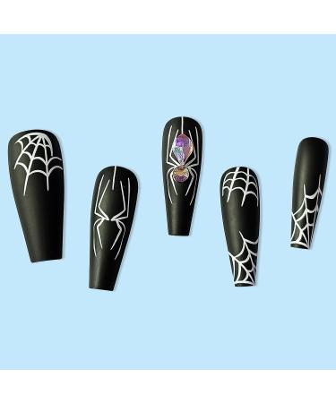 Black Spider Web Halloween Press On Nails - Full Cover Long Fake Nails for Women - 24 Pcs Glossy Halloween Glue On Nails - Buy Online on GoSupps.com