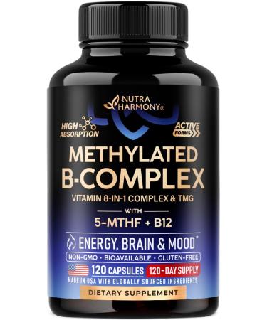 Vitamin B Complex Methylated - B-Complex with Methylfolate & B12 - Bioavailable for Men & Women - 9-in-1 Methylated Multivitamin - Energy Brain & Mood - Vegan - Made in USA - 120 Capsules One/Day