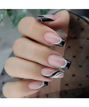 Ezpieces Fake Nails with Glue  Swirls Press on Nails Long Coffin Nails  Silver Glitter Swirl Acrylic Nails Artificial Shiny French Tip for Women  24PCS/Set(Groovy Nights)