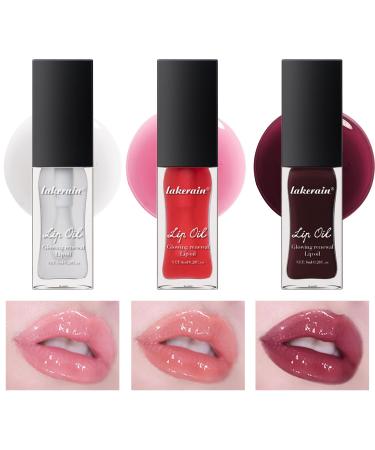 3 Colors Glow Lip Oil Tinted Nourishing Tinted Lip Glow Oil For A High-shine Finish Moisturizing Fat Oil for Dry Lip Shiny and Vegan Tinted Lip Oil (Clear+Jam+Pink)