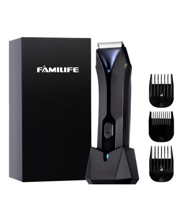 FAMILIFE Body Trimmer for Men Ball Trimmer Men Electric Groin & Pubic Hair Trimmer Replaceable Ceramic Blade Heads Waterproof Wet/Dry Use Standing Recharge Dock 90 Minutes Usage