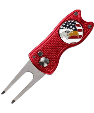 kaveno Golf Divot Tool, Foldable Stainless Steel Switchblade with USA Golf Ball Marker Red USA Eagle
