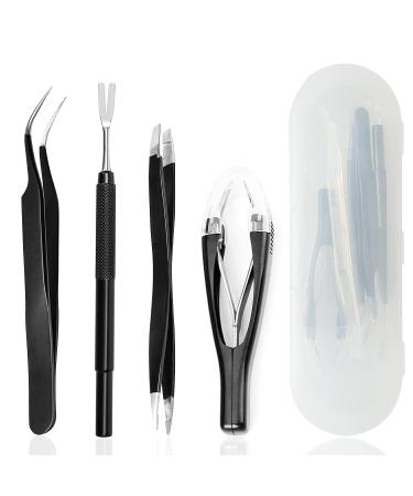 MEISO 4 Pieces Stainless Steel Tick Remover Set Black Tick Tweezers Tick Hook for Humans Dogs Cats (with Storage Box)
