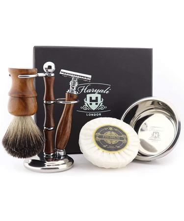 Haryali London 5 Piece Wooden Shaving Set Double Edge Safety Razor Pure Black Badger Hair Stand Bowl and Soap