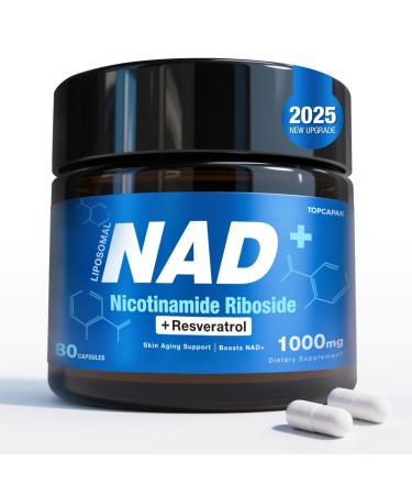 NAD+ Supplement - NAD Nicotinamide Riboside Resveratrol Liposomal NAD+ Supplement 1000mg for for Women & Men - Healthy Aging Brain and Cellular Energy Non-GMO 80 Capsules 80 Count (Pack of 1)
