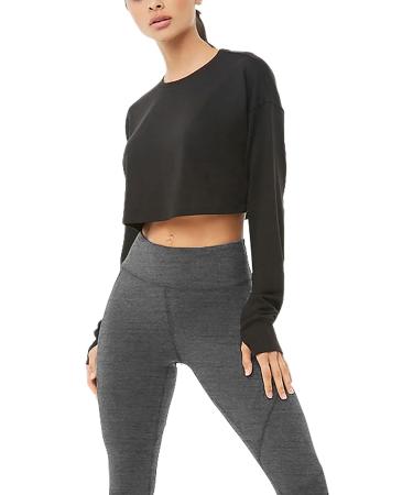 Bestisun Women's Long Sleeve Crop Top Sweatshirt with Thumb Hole - Black, Medium - Buy Online on GoSupps.com