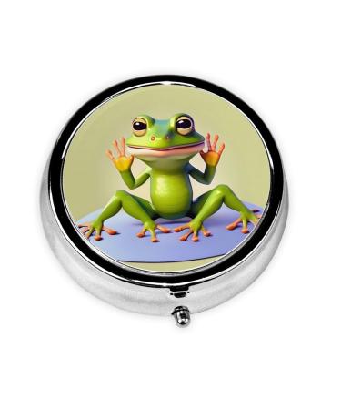 The Funny Frog Doing Yogaround Pill Box 3 Compartment Round Pill Box Organizer Portable Travel Pill Box for Traveling.
