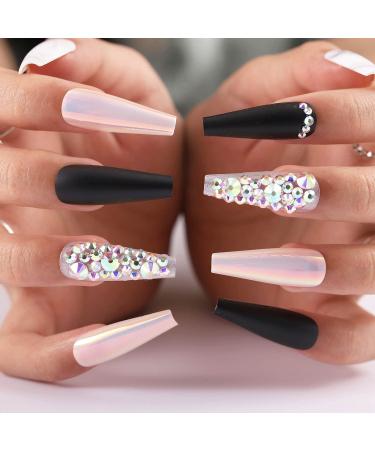 Aksod Glossy Ombre Extra Long Marble Press on Nails Black Crystal 3D Bling Square Coffin Fake Nails Full Coverage Acrylic Ballerina False Nails Tips Party for Women and Girls (Black crystal)