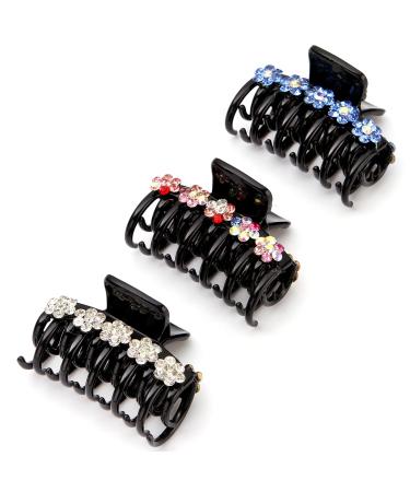 LONEEDY 3PCS Rhinestone Flower Hair Claw Clips - Strong Hold Double Teeth Jaw Clips (Medium) - Color, Light Blue, Silver - Buy Online on GoSupps.com