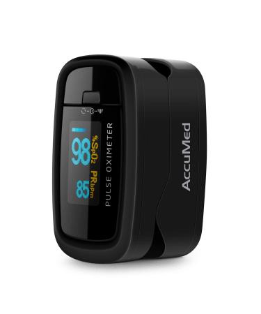 AccuMed CMS-50D1 Fingertip Pulse Oximeter Blood Oxygen Sensor SpO2 for Sports and Aviation. Portable and Lightweight with LED Display, 2 AAA Batteries, Lanyard and Travel Case (Black)