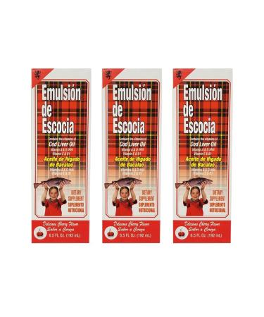 Emulsion de Escocia Cod Liver Oil Dietary Supplement. Rich in Vitamins A D E and B1. Cherry Flavoured. 6.5 Fl Oz / 192 mL. Pack of 3