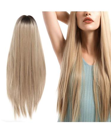 Front Lace Wig with Bangs Long Straight Blonde Hair Wig for Women Synthetic Heat Resistant Fiber Hair Wig 70cm