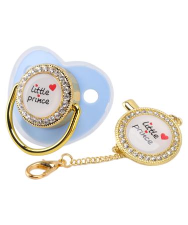 Baby luxury pacifier artificial crystal bling pacifier small prince rhinestone golden bling newborn dummy pacifier baby shower pacifier for 6 to 18 months baby (blue)