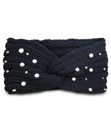 PiriModa women's knitted pearl headband ear warmer winter headband hairband crocheted black