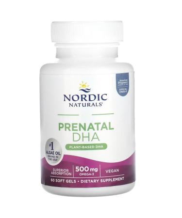 Nordic Naturals Vegan Prenatal DHA 500mg Vegan DHA from Algae Oil 60 Vegan Softgels Lab-Tested Vegetarian Soy-Free Gluten-Free Non-GMO