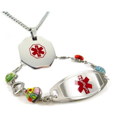 Custom Engraved Medical ID Bracelet and Medical Necklace for Women - Stainless Steel Colorful Glass Hearts 7.5 Inches Red: Wrist Size - 7.5in / 19cm Red