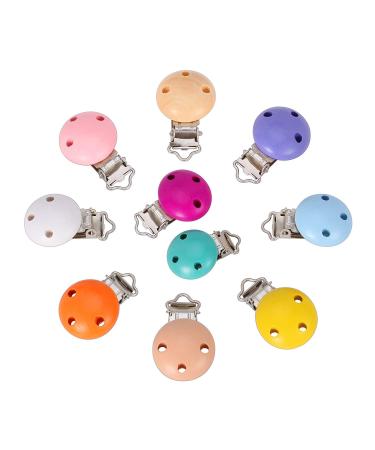 Bocotoer 44mm Multicolor Pacifier Clips Pacifier Clip Set Made of Wood and Iron Wooden Nipple Holder Clips Dummy Pack of 10