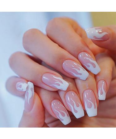 Sethexy flame false nail medium ballerina false fingernails pink press on nails 24st glossy acrylic nails sticking for women and girls