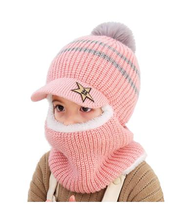 Uniyoung Baby Winter Warm Hat Scarf Toddler Girls Boys Ear Flaps Hood Balaclava Kids Fleece Lining Knit Pompom Beanie Hat with Visor Ski Snow Caps for 1-5 Years One Size Pink