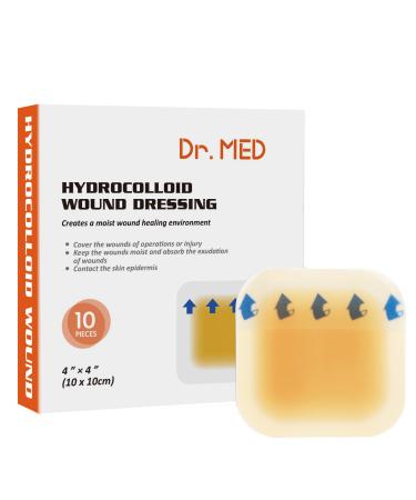 Dr. Med Hydrocolloid Wound Dressing 4x4-10 Pack/Box Waterproof Adhesive Bordered Bandage for Light Exudate Abrasions Pressure Ulcer Bed Sore Superficial Wound Care