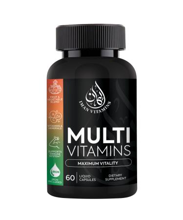 Iman Vitamins Halal Complete Multivitamin Capsules for Adults Men & Women | 42 Fruit & Vegetable Blend with Iron Zinc CoQ10 Folic Acid and Vitamin A B1 B3 B6 B12 C D3 E | 60 Count