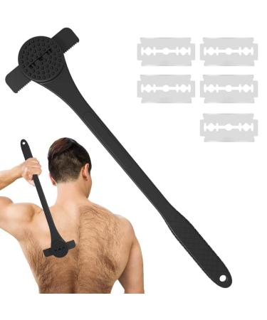 Back razor for men ergonomic back razor with a long silicone handle 2-in-1 multifunctional function-anti-slip massage tools with back scrubber for efficient body care black