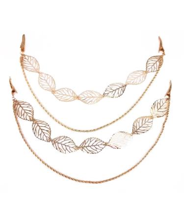 yueton 2pcs Fashion Ladies Hollow Out Leaves Gold Chain Alligator Clips Barrettes Bobby Pin Hair Clips Bride Headwear Edge Clip Clamps Headbands