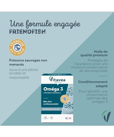VITAVEA WELL-BEING - Omega 3 Natural Vitamin E - Wild Fish Oil Premium Quality - Source of EPA and DHA - Cardiovascular Wellness - 80 Capsules - 40 days - Made in France - Buy Online on GoSupps.com