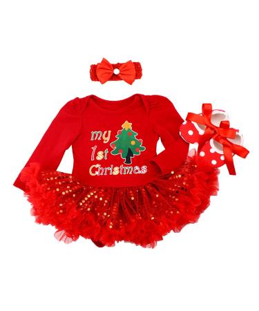 IBTOM CASTLE Baby Girls My 1st Christmas Costume Santa Claus Polka Dots Romper Dress W/Headband Bodysuit Ruffle Tutu Skirt for Newborn Infant Toddler Princess Xmas Fancy Dress Up Party Outfit Set 0-3 Months 3PCS Red Sequins Christmas Tree