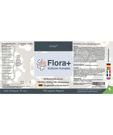 Exvital Flora+ 500 Billion KBE/g - 22 Vegan Probiotic Cultures with Acacia Fiber for Gut Health - Lactobacillus Salivarius & Bifidobacteria - 120 Capsules - Buy Online on GoSupps.com