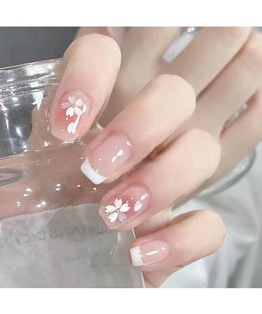 JUSTOTRY 24 Pcs Square False Nails Short Milky White French Press on Nails with Flower Pattern Pretty Fake Nails Short with Nail Glue Stick on Nails for Women Nails Fake Nail for Nails Art Milky White Square