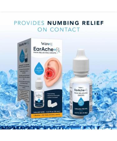 EarAcheRx Pain Relieving Drops by WaxRx 4% Lidocaine Fast-Acting Temporary Numbing Ear Pain Relief Safe for Adults & Children 2+ Includes Cotton Plugs 0.5 fl oz - Buy Online on GoSupps.com