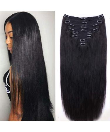 Straight Human Hair Clip in Hair Extensions for Black Women 100% Unprocessed Full Head Brazilian Virgin Hair Natural Black Color 8/Pcs with 18Clips 120 Gram (22inch  Straight hair) 22 Inch Straight hair