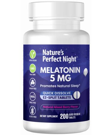 Nature's Perfect Night | Melatonin 5mg | 200 Quick Dissolve Tablets | Natural Mixed Berry Flavor |Preferred Potency | Sugar Free | Vegan | Gluten Free | Value Size