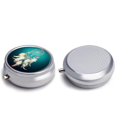 Round White Dream Catcher Pill Box - 3 Compartment Decorative Metal Organizer | Portable Pocket Medicine Case - Style 39 - Buy Online on GoSupps.com