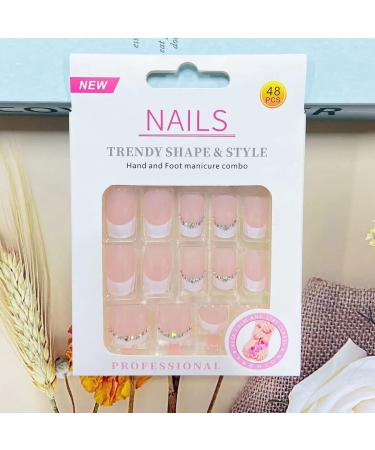 48Pcs French Press On Short False Nails with Glue - Nude & White Acrylic Toenails with Rhinestone, Exquisite Design for Women - Style 2 - Buy Online on GoSupps.com